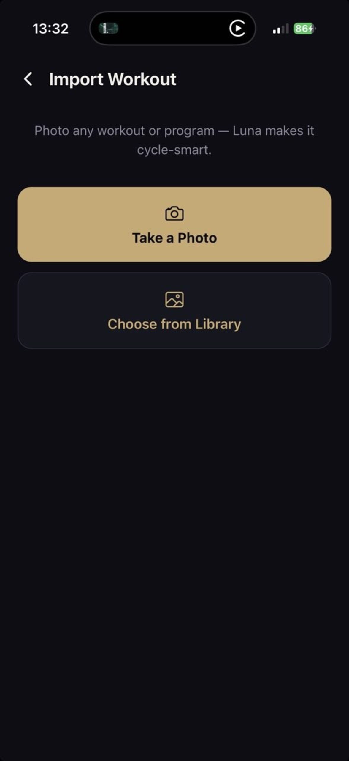 Import workout screen