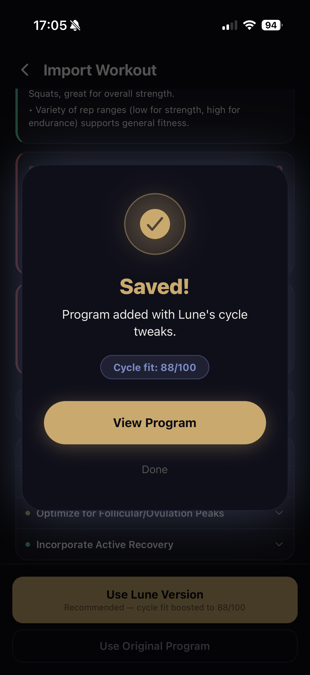 Saved cycle-optimized program with 88 out of 100 fit